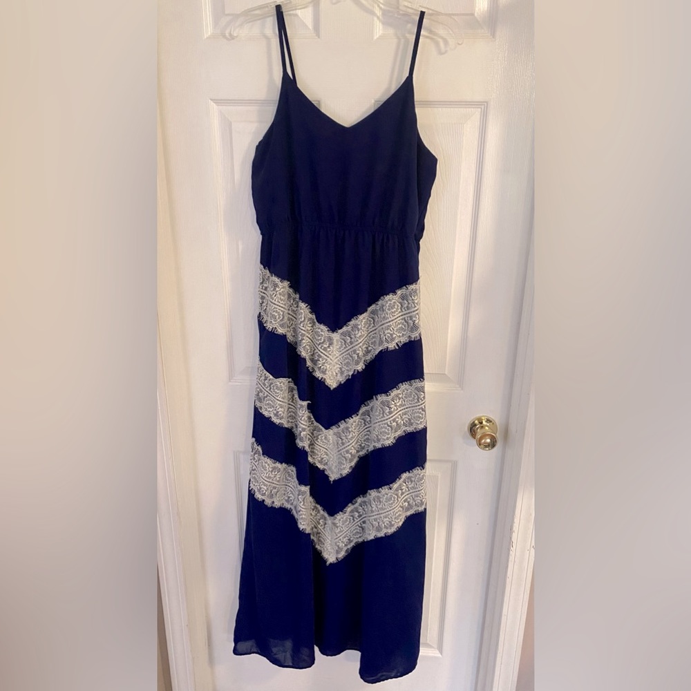 Alya Maxi Deep Blue Lace Spaghetti Strap Dress Size Large